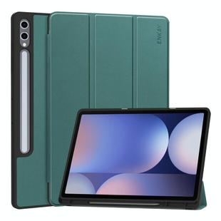 For Samsung Galaxy Tab S10+ / S9+ / S9 FE+ ENKAY Tri-fold Custer Texture TPU Leather Smart Tablet Case with Pen Slot(Dark Green)