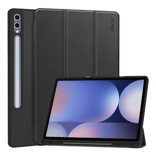 For Samsung Galaxy Tab S10 Ultra / S9 Ultra ENKAY Tri-fold Custer Texture TPU Leather Smart Tablet Case with Pen Slot(Black)