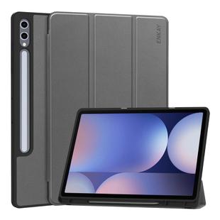 For Samsung Galaxy Tab S10 Ultra / S9 Ultra ENKAY Tri-fold Custer Texture TPU Leather Smart Tablet Case with Pen Slot(Grey)