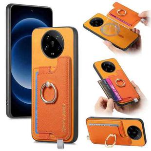 For Xiaomi 14 Ultra Retro Magsafe Cross Leather Ring Holder Card Bag Phone Case(Yellow)