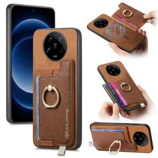 For Xiaomi 14 Ultra Retro Magsafe Cross Leather Ring Holder Card Bag Phone Case(Brown)