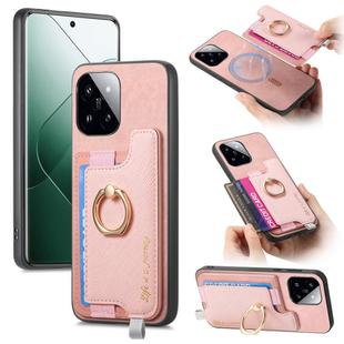 For Xiaomi 14 Pro 5G Retro Magsafe Cross Leather Ring Holder Card Bag Phone Case(Pink)