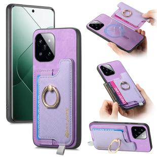For Xiaomi 14 Retro Magsafe Cross Leather Ring Holder Card Bag Phone Case(Purple)