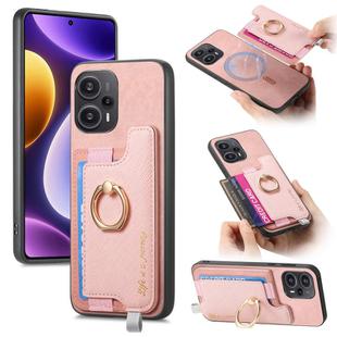 For Redmi Note 12 Turbo / Poco F5 5G Retro Magsafe Cross Leather Ring Holder Card Bag Phone Case(Pink)
