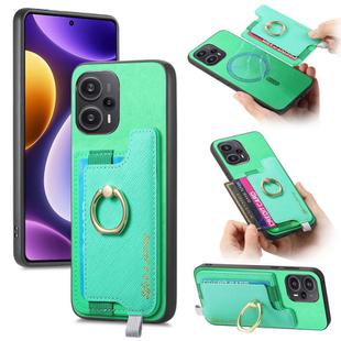 For Redmi Note 12 Turbo / Poco F5 5G Retro Magsafe Cross Leather Ring Holder Card Bag Phone Case(Green)