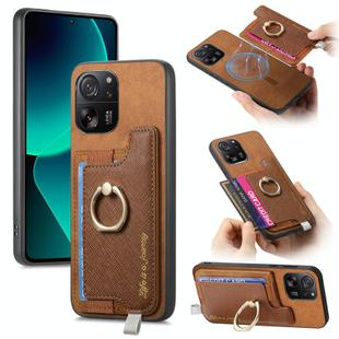 For Xiaomi 13T / 13T Pro Retro Magsafe Cross Leather Ring Holder Card Bag Phone Case(Brown)