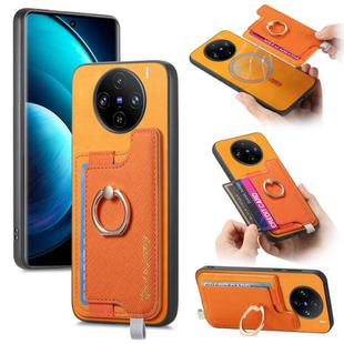 For vivo X100 5G Retro Magsafe Cross Leather Ring Holder Card Bag Phone Case(Yellow)