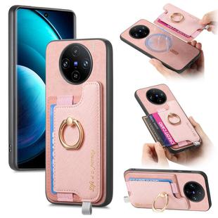 For vivo X100 5G Retro Magsafe Cross Leather Ring Holder Card Bag Phone Case(Pink)