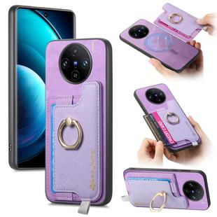 For vivo X100 5G Retro Magsafe Cross Leather Ring Holder Card Bag Phone Case(Purple)