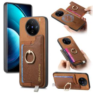 For vivo X100 5G Retro Magsafe Cross Leather Ring Holder Card Bag Phone Case(Brown)