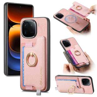 For vivo iQOO 12 Pro 5G Retro Magsafe Cross Leather Ring Holder Card Bag Phone Case(Pink)