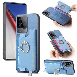 For vivo iQOO 11 Pro 5G Retro Magsafe Cross Leather Ring Holder Card Bag Phone Case(Blue)