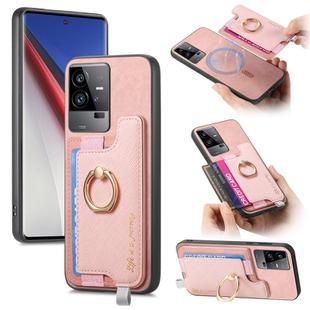 For vivo iQOO 11 Pro 5G Retro Magsafe Cross Leather Ring Holder Card Bag Phone Case(Pink)