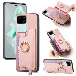 For vivo S18 / S18 Pro 5G Retro Magsafe Cross Leather Ring Holder Card Bag Phone Case(Pink)