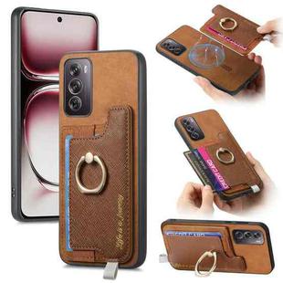 For OPPO Reno12 Pro Global Retro Magsafe Cross Leather Ring Holder Card Bag Phone Case(Brown)