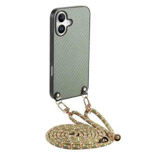 For iPhone 16 Carbon Fiber Texture Leather Back Phone Case with Crossbody Strap(Green)