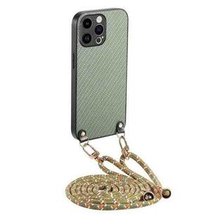 For iPhone 15 Pro Max Carbon Fiber Texture Leather Back Phone Case with Crossbody Strap(Green)