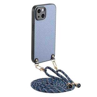 For iPhone 15 Plus Carbon Fiber Texture Leather Back Phone Case with Crossbody Strap(Blue)