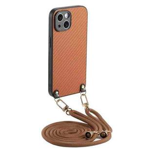 For iPhone 15 Carbon Fiber Texture Leather Back Phone Case with Crossbody Strap(Brown)