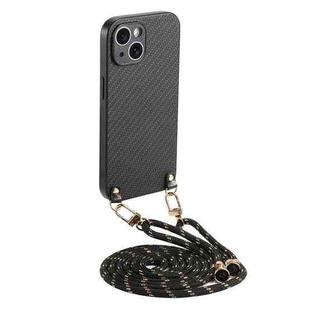 For iPhone 13 mini Carbon Fiber Texture Leather Back Phone Case with Crossbody Strap(Black)