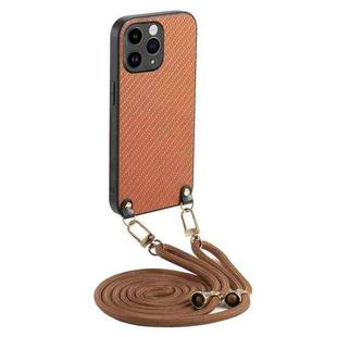 For iPhone 11 Pro Carbon Fiber Texture Leather Back Phone Case with Crossbody Strap(Brown)