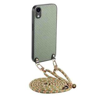 For iPhone XR Carbon Fiber Texture Leather Back Phone Case with Crossbody Strap(Green)