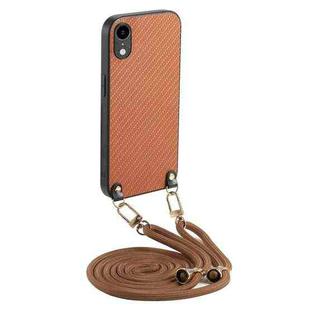 For iPhone XR Carbon Fiber Texture Leather Back Phone Case with Crossbody Strap(Brown)