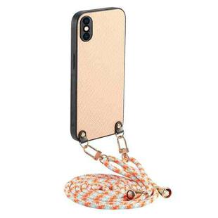 For iPhone XS Max Carbon Fiber Texture Leather Back Phone Case with Crossbody Strap(Khaki)