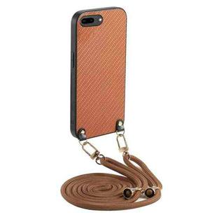 For iPhone 7 Plus / 8 Plus Carbon Fiber Texture Leather Back Phone Case with Crossbody Strap(Brown)