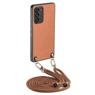 For Samsung Galaxy S23 5G Carbon Fiber Texture Leather Back Cover Phone Case with Crossbody Strap(Brown)