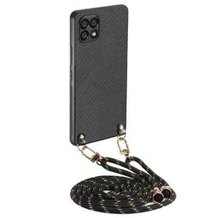 For Samsung Galaxy A22 4G Carbon Fiber Texture Leather Back Cover Phone Case with Crossbody Strap(Black)