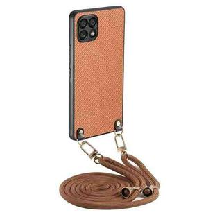 For Samsung Galaxy A22 5G Carbon Fiber Texture Leather Back Cover Phone Case with Crossbody Strap(Brown)