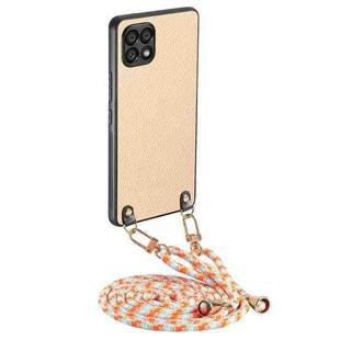 For Samsung Galaxy A22 5G Carbon Fiber Texture Leather Back Cover Phone Case with Crossbody Strap(Khaki)