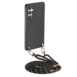 For Samsung Galaxy A15 Carbon Fiber Texture Leather Back Cover Phone Case with Crossbody Strap(Black)