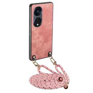 For OPPO Reno8 T 5G Vintage Leather PC Back Cover Phone Case with Crossbody Strap(Pink)