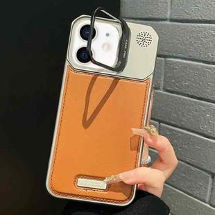 For iPhone 11 Metal Holder Plain Leather MagSafe Phone Case(Brown)
