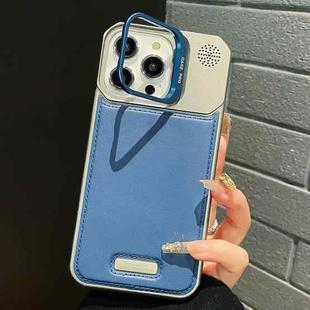 For iPhone 12 Pro Max Metal Holder Plain Leather MagSafe Phone Case(Blue)