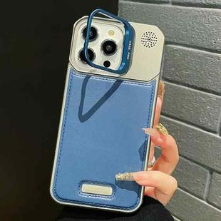 For iPhone 12 Pro Metal Holder Plain Leather MagSafe Phone Case(Blue)