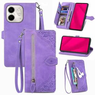 For Infinix Smart 9 Embossed Flower Zipper Leather Phone Case(Purple)