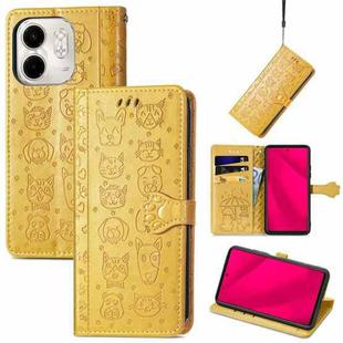 For Infinix Smart 9 Cat and Dog Embossed Leather Phone Case(Yellow)