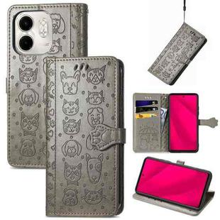 For Infinix Smart 9 Cat and Dog Embossed Leather Phone Case(Gray)