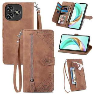 For Oukitel C53 Embossed Flower Zipper Leather Phone Case(Brown)