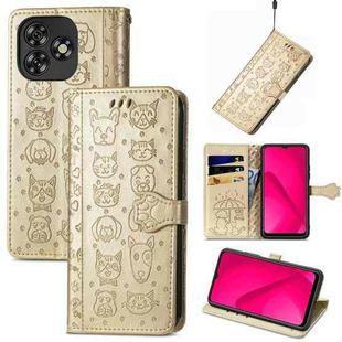 For Oukitel C53 Cat and Dog Embossed Leather Phone Case(Gold)