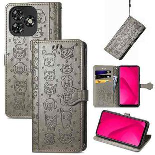 For Oukitel C53 Cat and Dog Embossed Leather Phone Case(Gray)