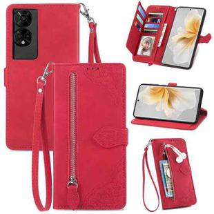 For TCL 50 5G Embossed Flower Zipper Leather Phone Case(Red)