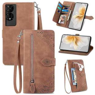 For TCL 50 5G Embossed Flower Zipper Leather Phone Case(Brown)