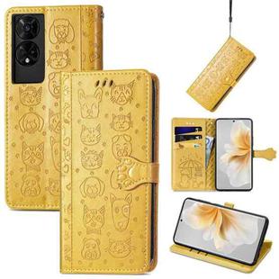 For TCL 50 5G Cat and Dog Embossed Leather Phone Case(Yellow)