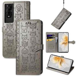 For TCL 50 5G Cat and Dog Embossed Leather Phone Case(Gray)