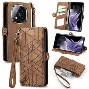 For Xiaomi Redmi Note 14 Pro+ 5G Geometric Zipper Wallet Side Buckle Leather Phone Case(Brown)