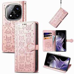 For Xiaomi Redmi Note 14 Pro 5G Cat and Dog Embossed Leather Phone Case(Rose Gold)